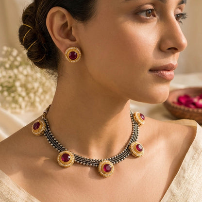 Maroon Color Oxidised Necklace Set with Traditional Dual Tone Finish