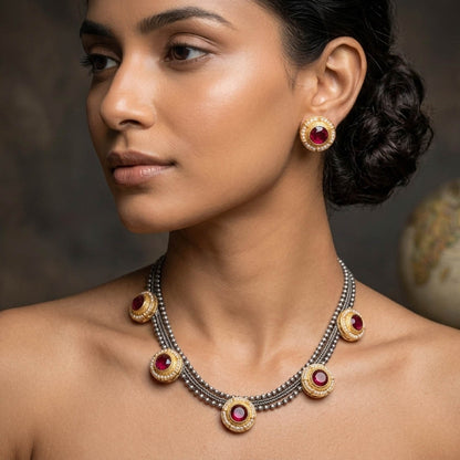 Rani Color Oxidised Necklace Set with Stunning Dual Tone Artwork