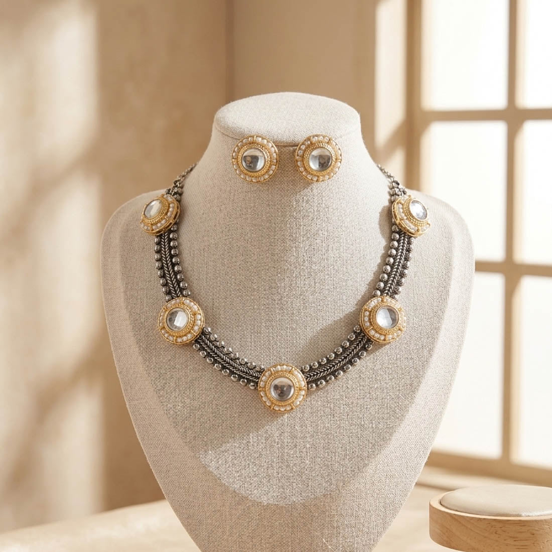 White Color Oxidised Necklace Set with Artistic Dual Tone Detailing