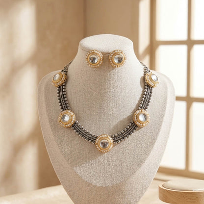 White Color Oxidised Necklace Set with Artistic Dual Tone Detailing