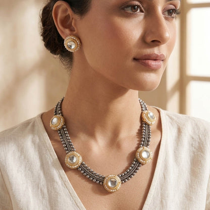White Color Oxidised Necklace Set with Artistic Dual Tone Detailing
