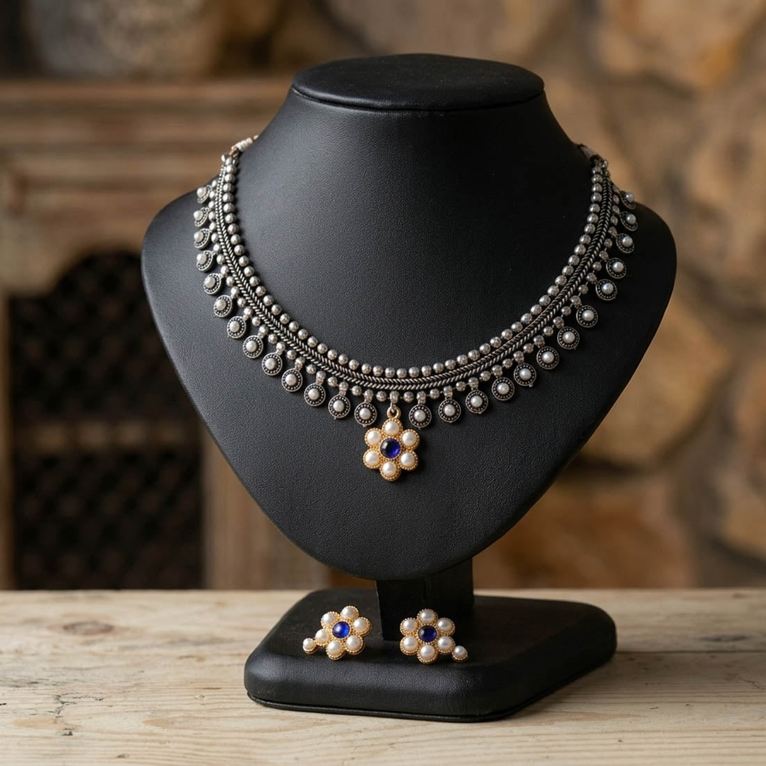 Blue Color Oxidised Necklace Set with Elegant Dual Tone Ethnic Style