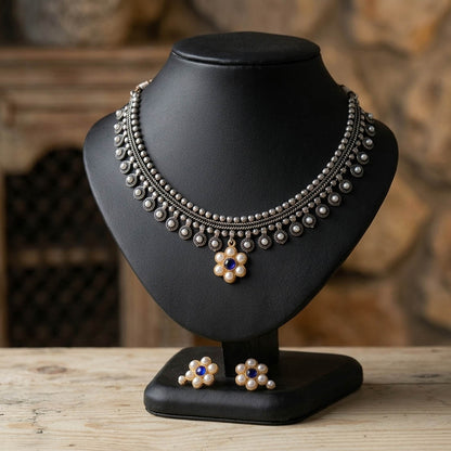 Blue Color Oxidised Necklace Set with Elegant Dual Tone Ethnic Style