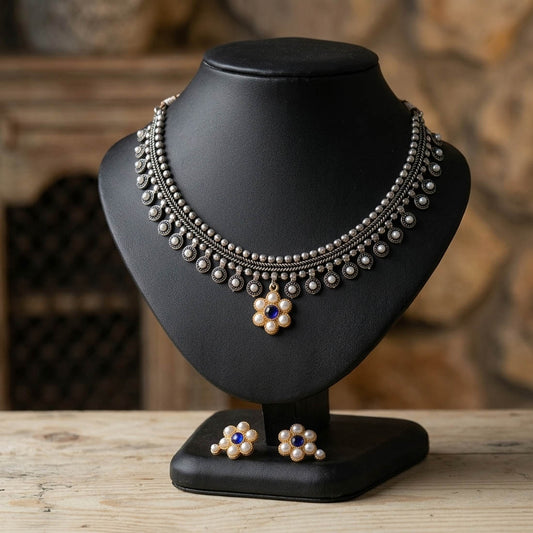 Blue Color Oxidised Necklace Set with Elegant Dual Tone Ethnic Style