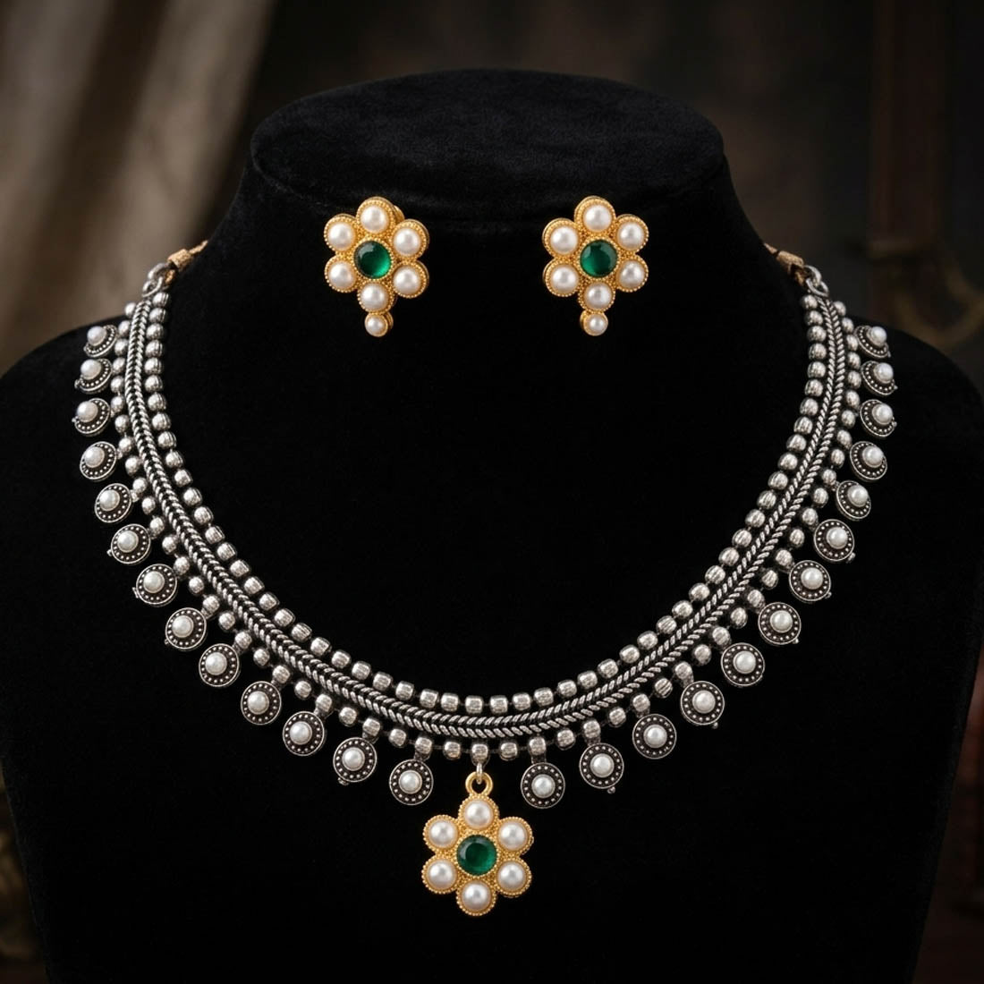 Green Color Oxidised Necklace Set with Graceful Dual Tone Appeal