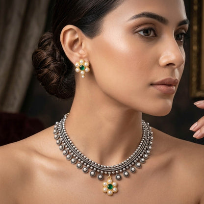 Green Color Oxidised Necklace Set with Graceful Dual Tone Appeal
