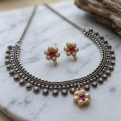 Rani Color Oxidised Necklace Set with Traditional Dual Tone Craftsmanship