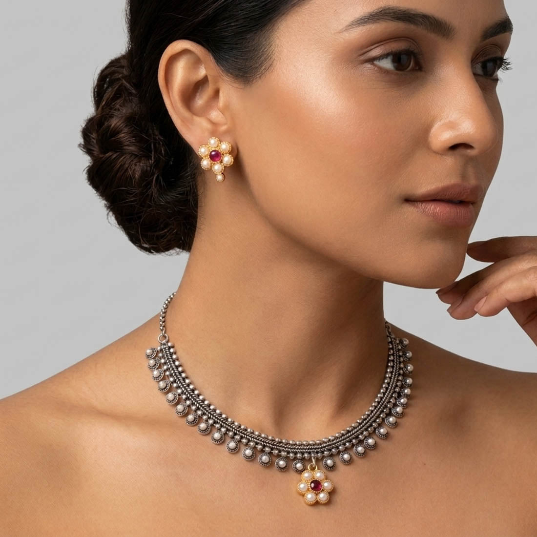 Rani Color Oxidised Necklace Set with Traditional Dual Tone Craftsmanship