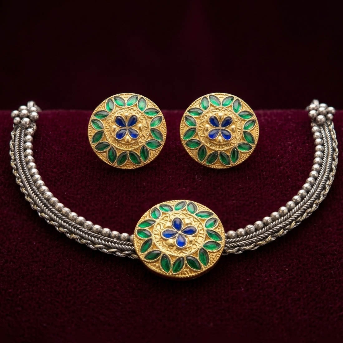 Green Color Oxidised Necklace Set with Classic Dual Tone Design
