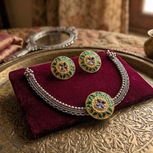 Green Color Oxidised Necklace Set with Classic Dual Tone Design