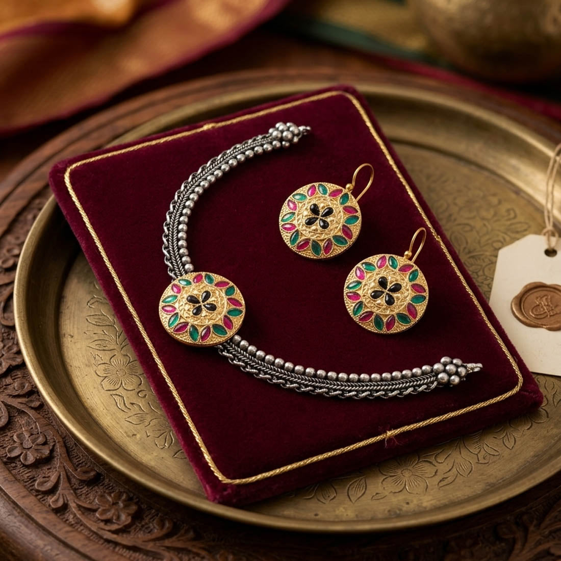 Multi Color Oxidised Necklace Set with Vibrant Dual Tone Finish