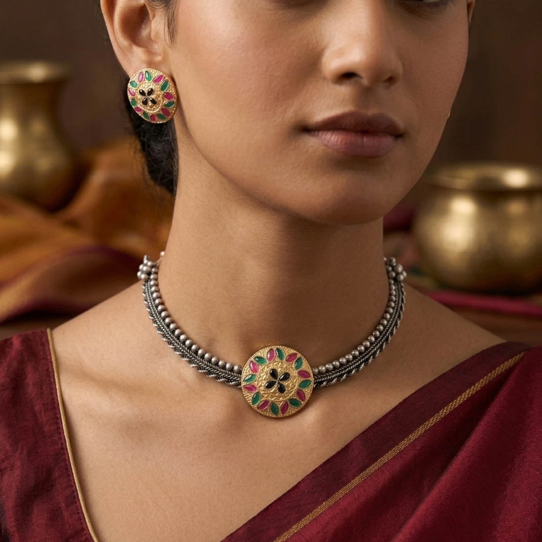 Multi Color Oxidised Necklace Set with Vibrant Dual Tone Finish