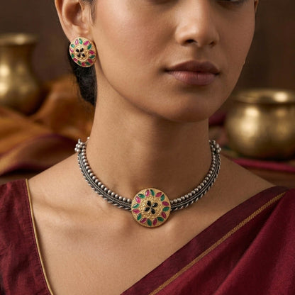 Multi Color Oxidised Necklace Set with Vibrant Dual Tone Finish