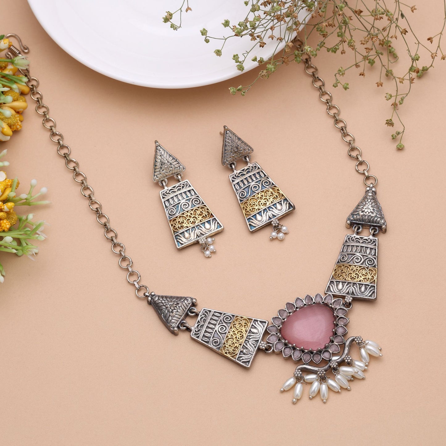 Light Pink Color Dual Tone Oxidised Necklace Set with Elegant Traditional Design