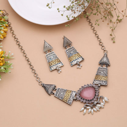 Light Pink Color Dual Tone Oxidised Necklace Set with Elegant Traditional Design