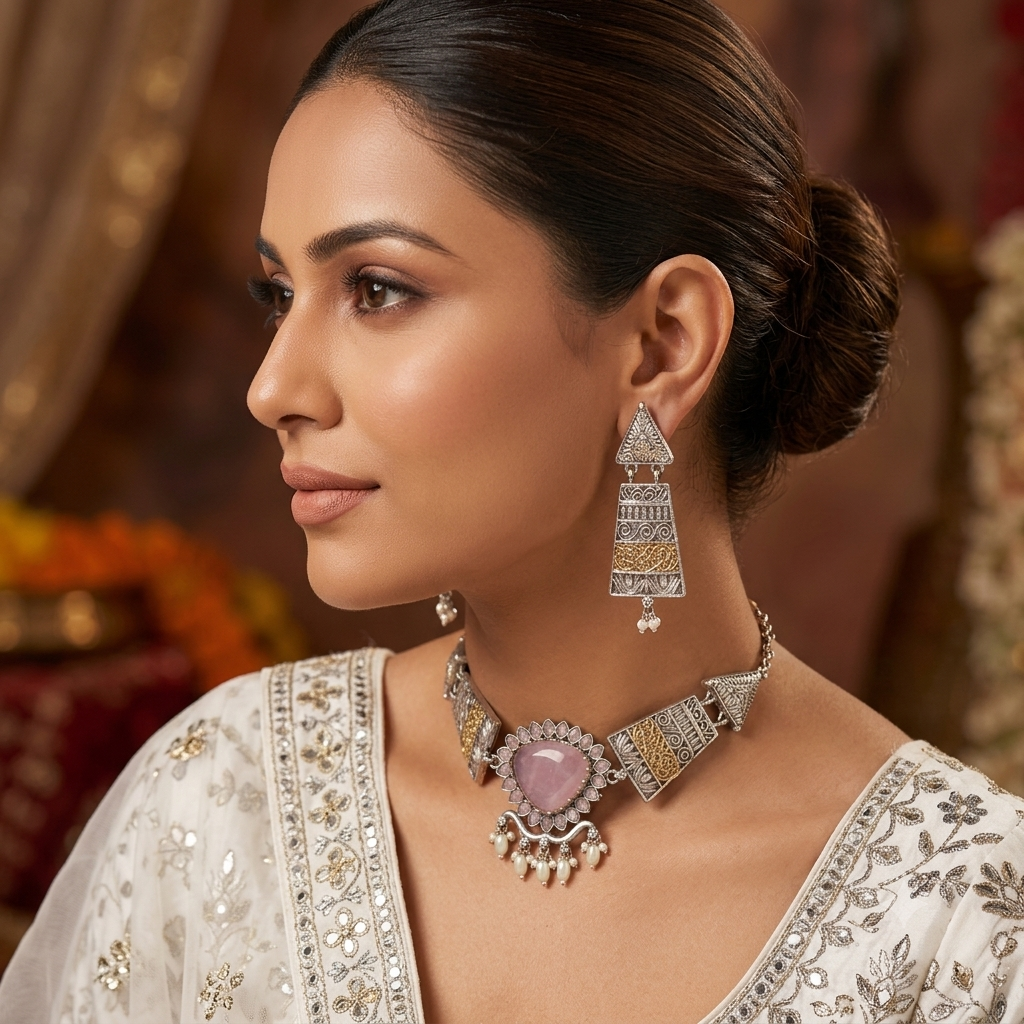 Light Pink Color Dual Tone Oxidised Necklace Set with Elegant Traditional Design