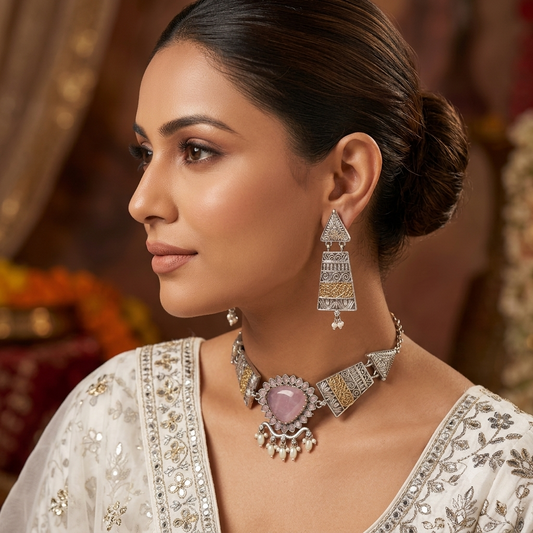 Light Pink Color Dual Tone Oxidised Necklace Set with Elegant Traditional Design