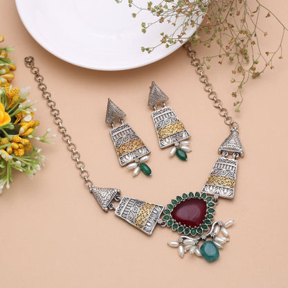 Maroon & Green Color Dual Tone Oxidised Necklace Set Featuring Royal Ethnic Style