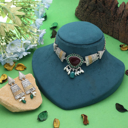 Maroon & Green Color Dual Tone Oxidised Necklace Set Featuring Royal Ethnic Style