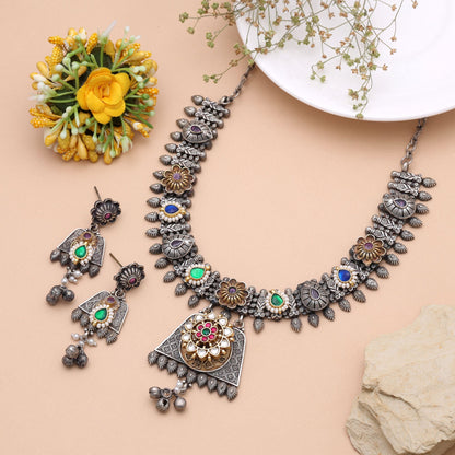 Multi Color Dual Tone Pachi Kundan Oxidised Necklace Set with Beautiful Handmade Jewelry