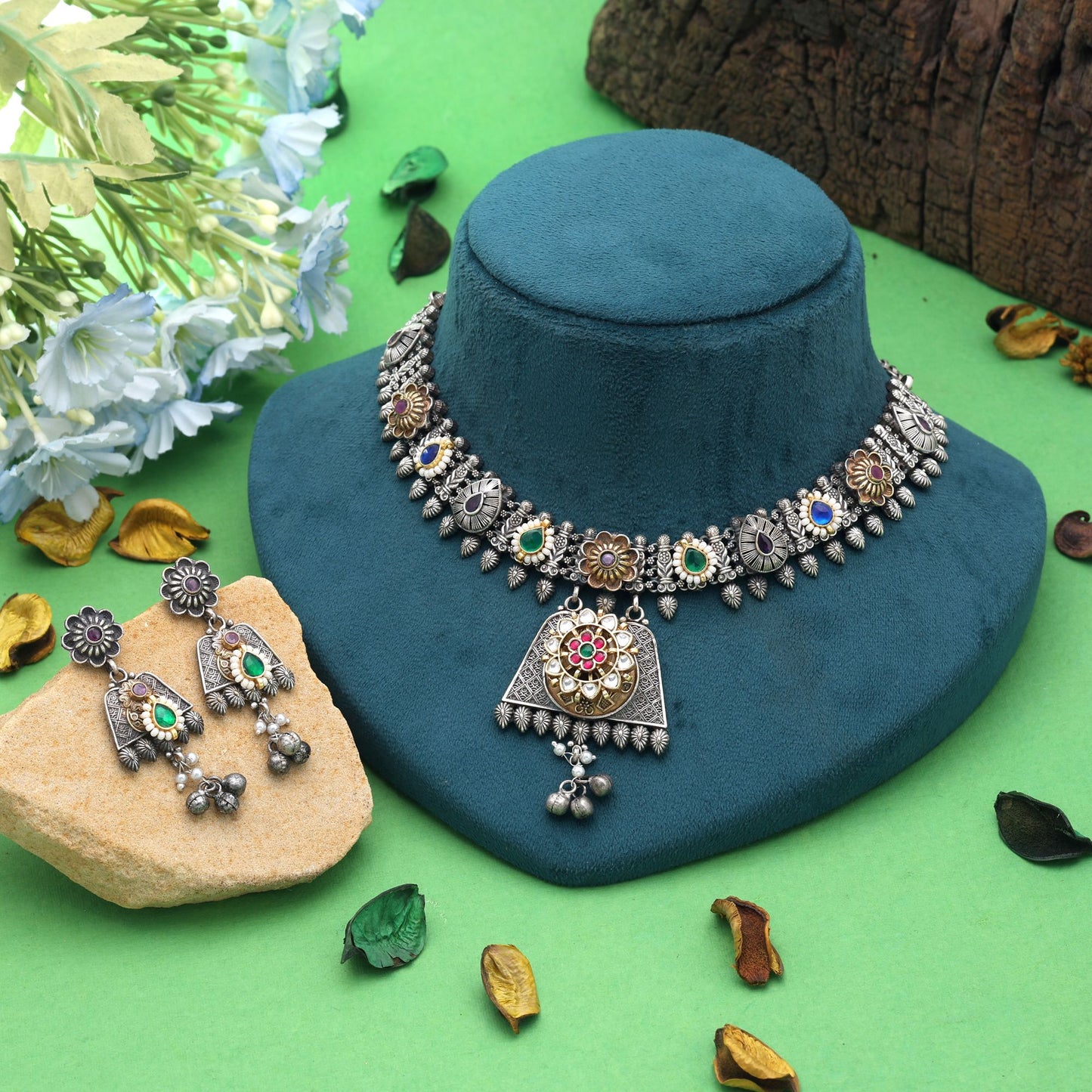 Multi Color Dual Tone Pachi Kundan Oxidised Necklace Set with Beautiful Handmade Jewelry