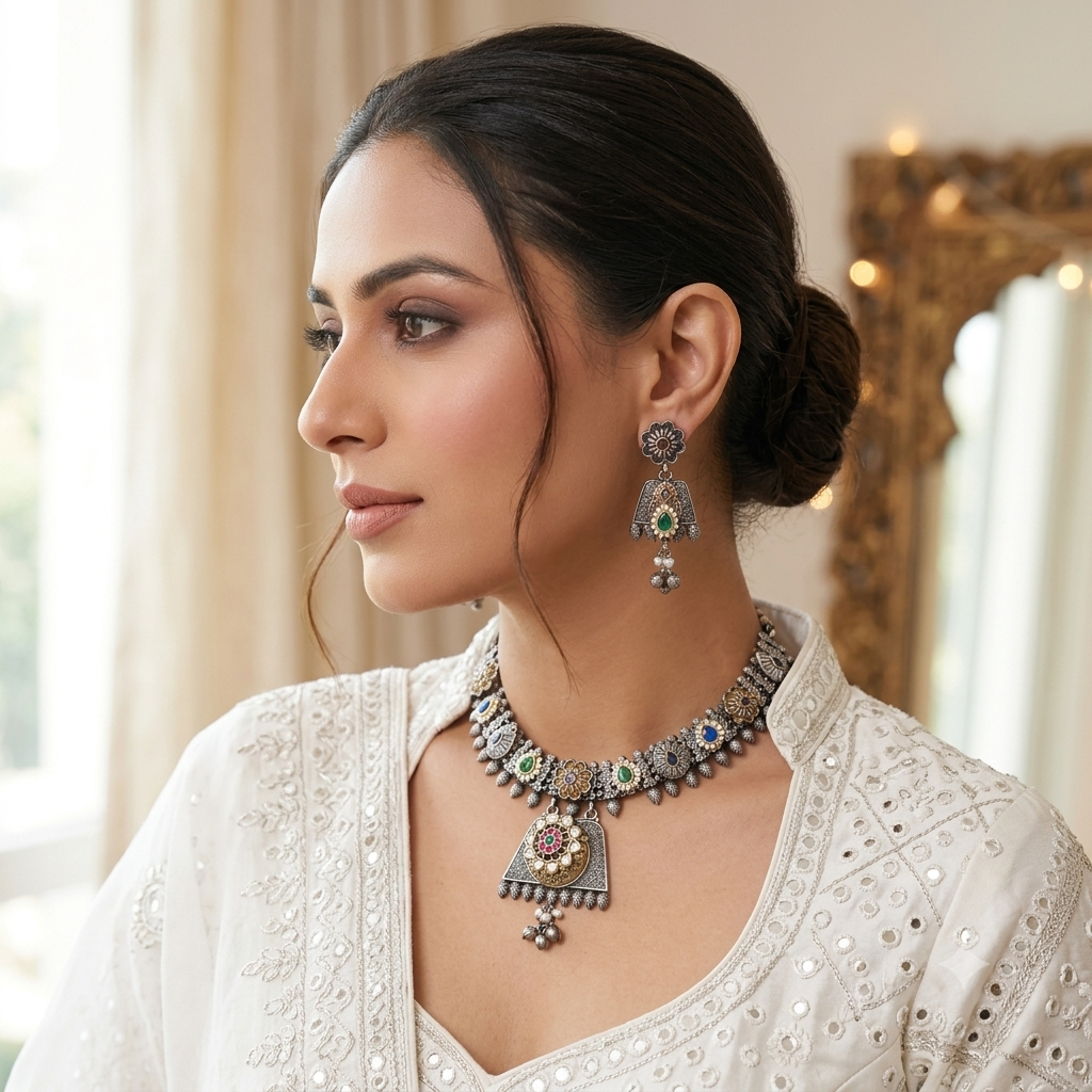 Multi Color Dual Tone Pachi Kundan Oxidised Necklace Set with Beautiful Handmade Jewelry