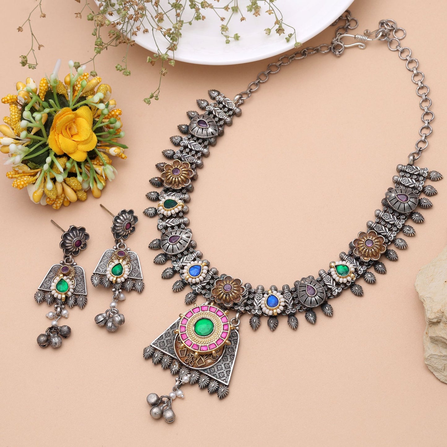 Multi Color Dual Tone Pachi Kundan Oxidised Necklace Set Featuring Premium Designer