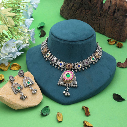 Multi Color Dual Tone Pachi Kundan Oxidised Necklace Set Featuring Premium Designer