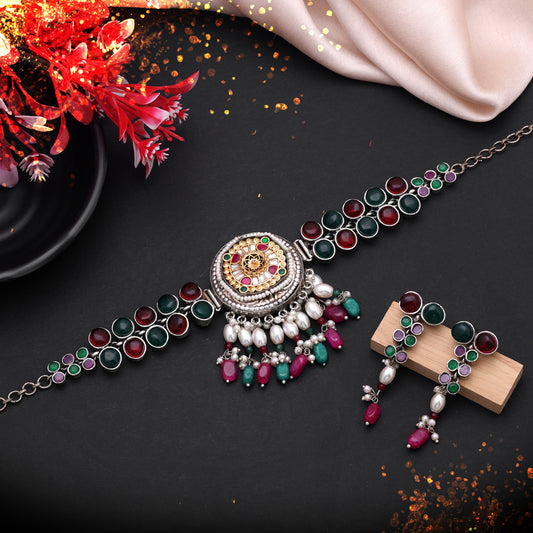 Multi Color Dual Tone Oxidised Necklace Set Crafted for Elegant Festive Wear