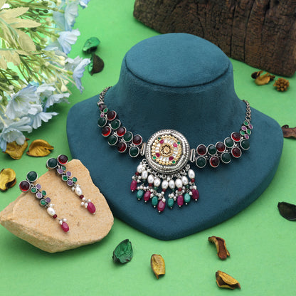 Multi Color Dual Tone Oxidised Necklace Set Crafted for Elegant Festive Wear
