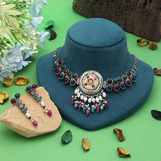 Multi Color Dual Tone Oxidised Necklace Set Crafted for Elegant Festive Wear