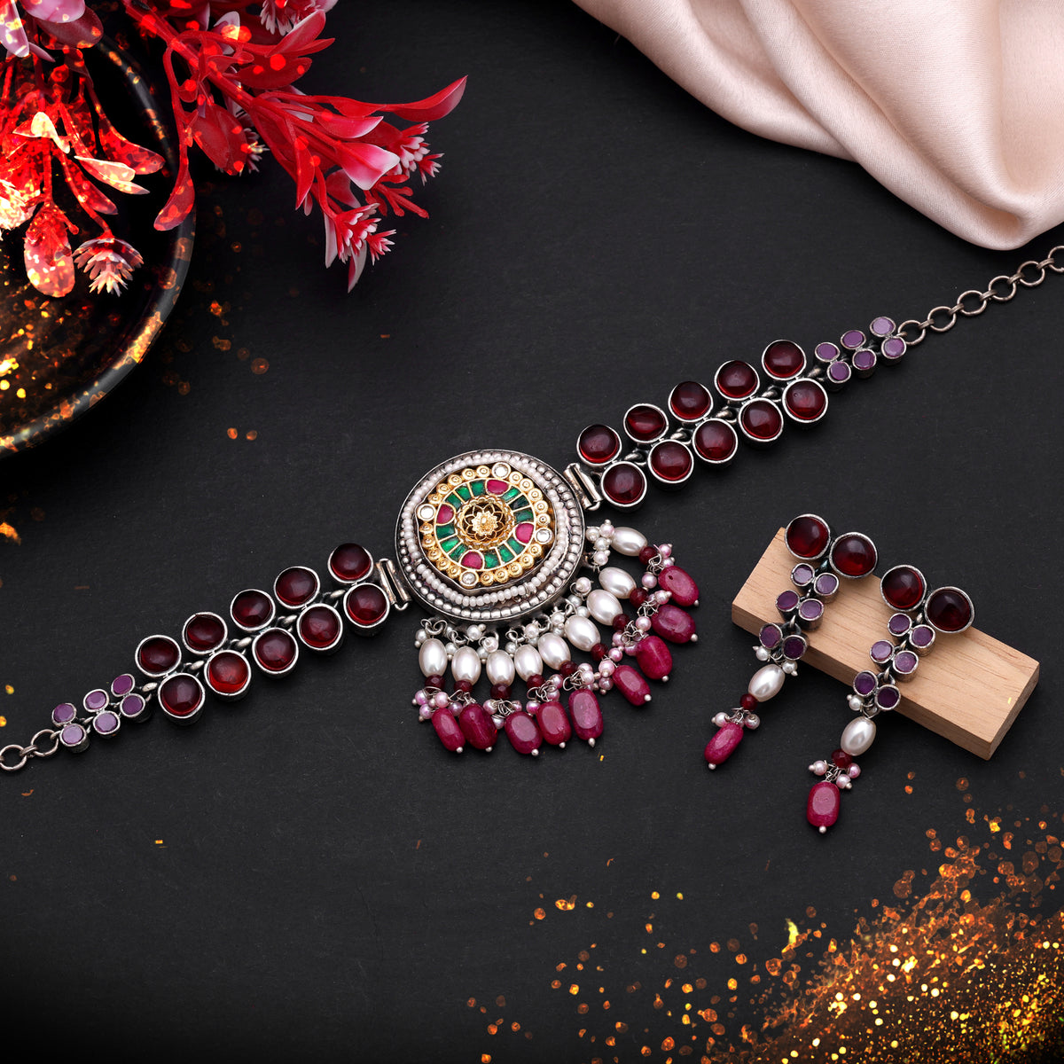 Maroon & Rani Color Dual Tone Oxidised Necklace Set with Traditional Designer Finish