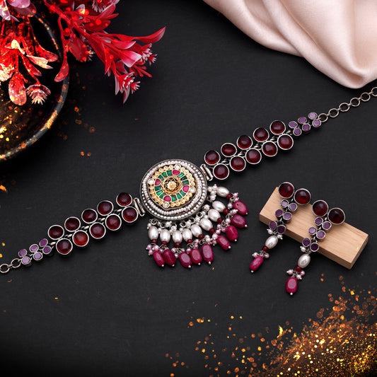 Maroon & Rani Color Dual Tone Oxidised Necklace Set with Traditional Designer Finish
