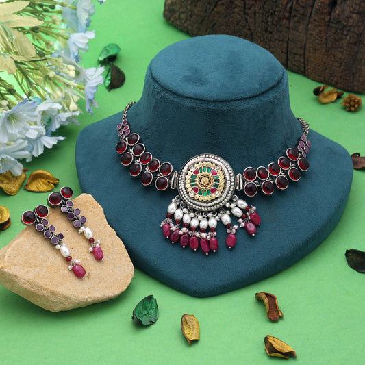 Maroon & Rani Color Dual Tone Oxidised Necklace Set with Traditional Designer Finish