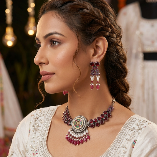 Maroon & Rani Color Dual Tone Oxidised Necklace Set with Traditional Designer Finish