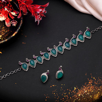 Green & Purple Color Oxidised Necklace Set with Stylish Handmade Traditional Design