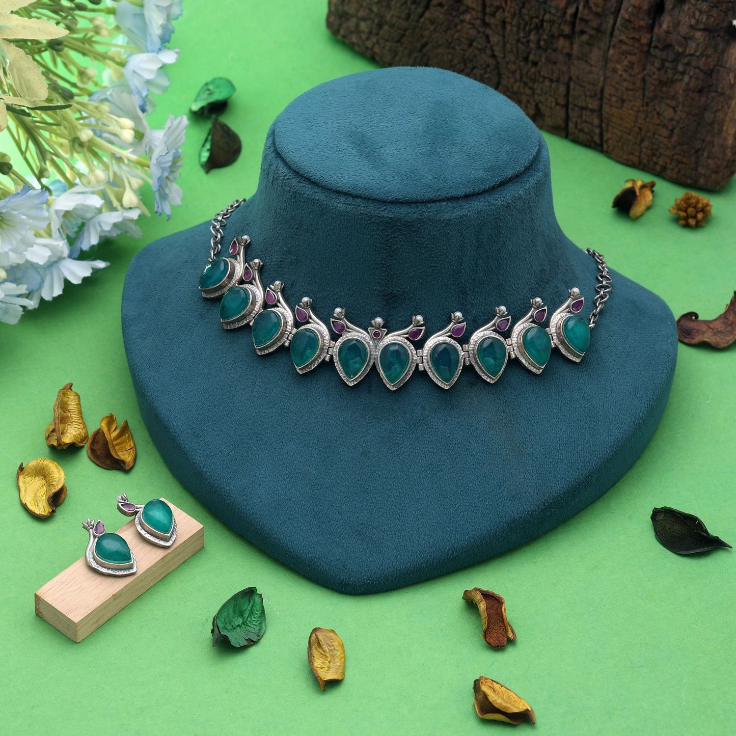 Green & Purple Color Oxidised Necklace Set with Stylish Handmade Traditional Design