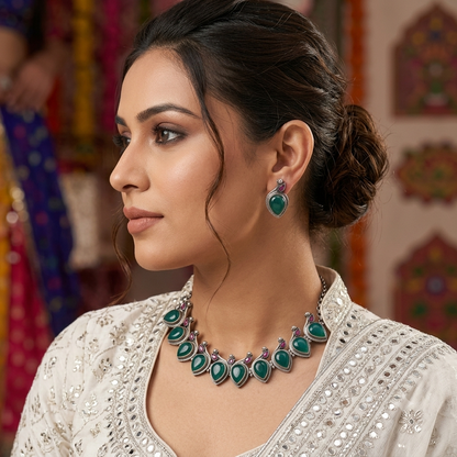 Green & Purple Color Oxidised Necklace Set with Stylish Handmade Traditional Design