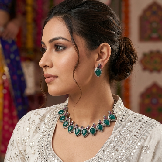 Green & Purple Color Oxidised Necklace Set with Stylish Handmade Traditional Design