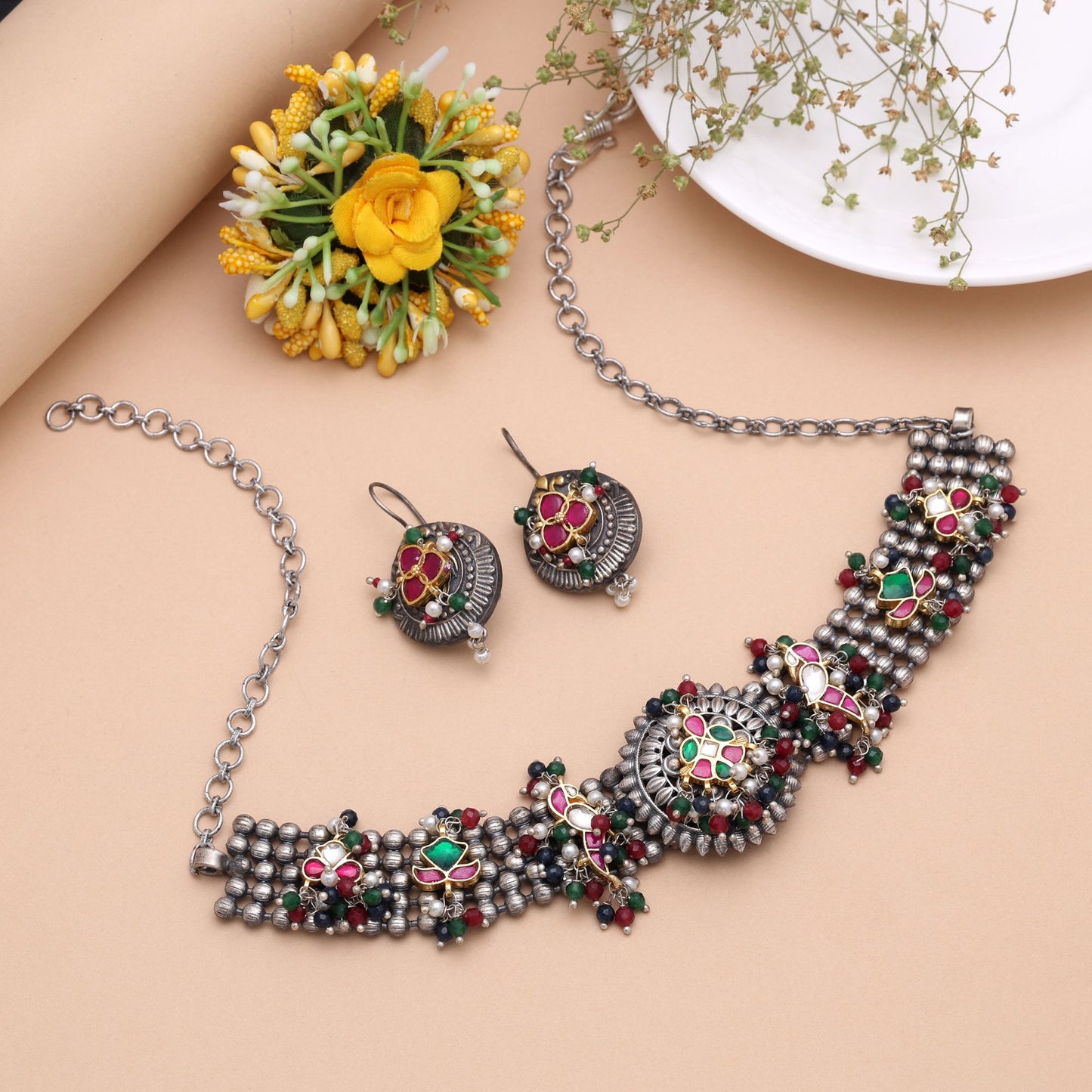 Multi Color Dual Tone Pachi Kundan Oxidised Necklace Set Crafted with Premium Ethnic Finish