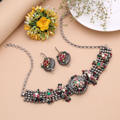 Multi Color Dual Tone Pachi Kundan Oxidised Necklace Set Crafted with Premium Ethnic Finish