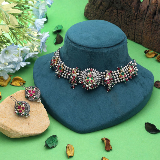 Multi Color Dual Tone Pachi Kundan Oxidised Necklace Set Crafted with Premium Ethnic Finish