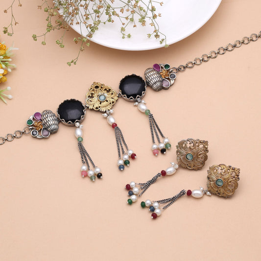 Black Color Dual Tone Oxidised Necklace Set Featuring Traditional Jewelry Appeal