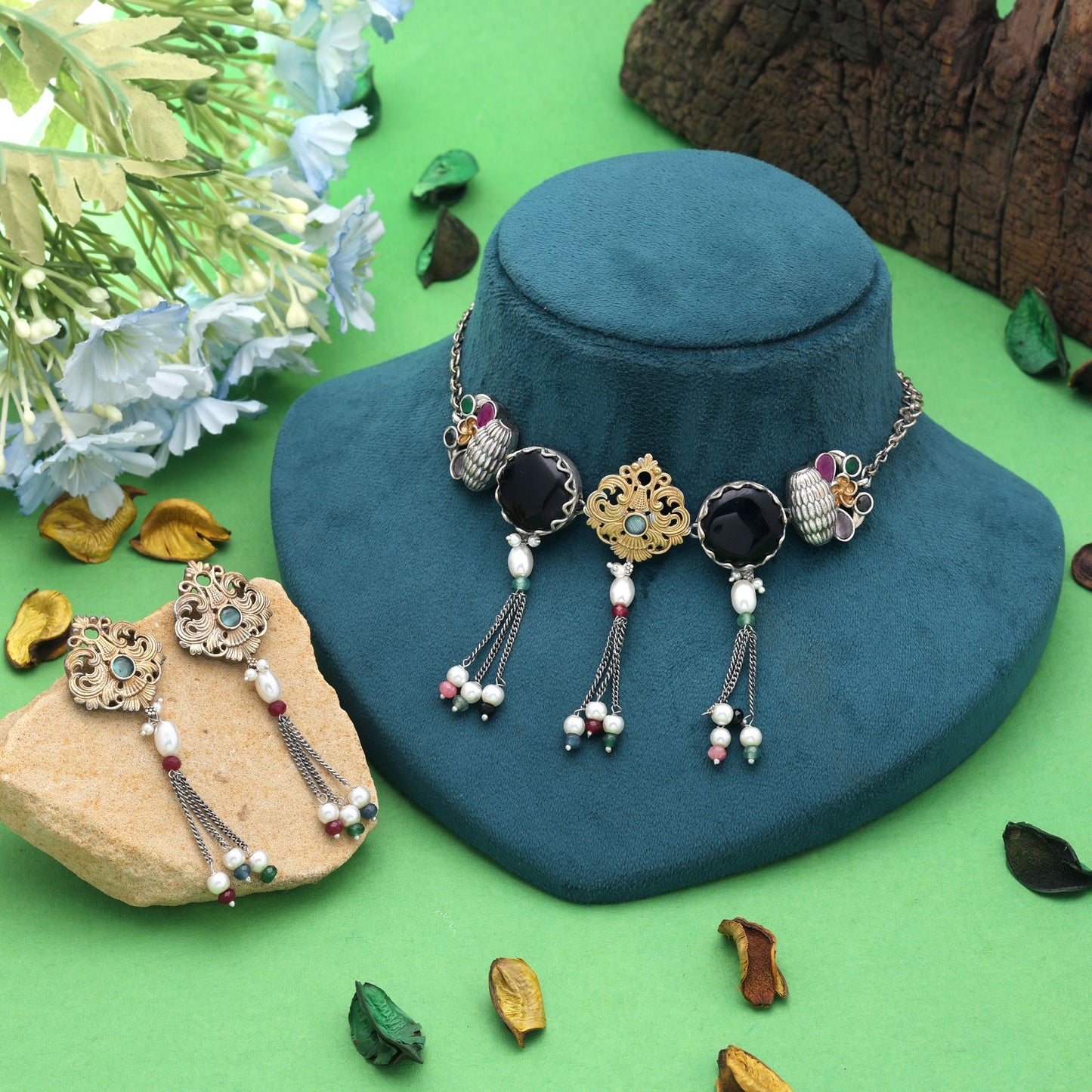Black Color Dual Tone Oxidised Necklace Set Featuring Traditional Jewelry Appeal