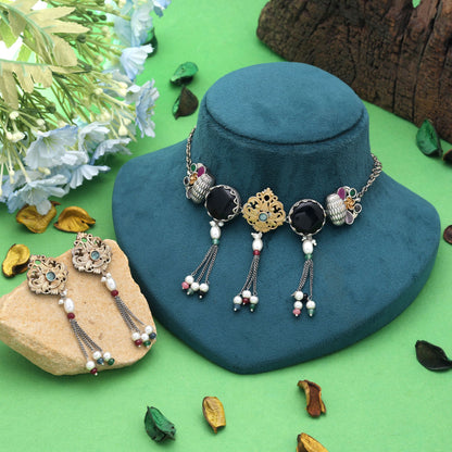 Black Color Dual Tone Oxidised Necklace Set Featuring Traditional Jewelry Appeal