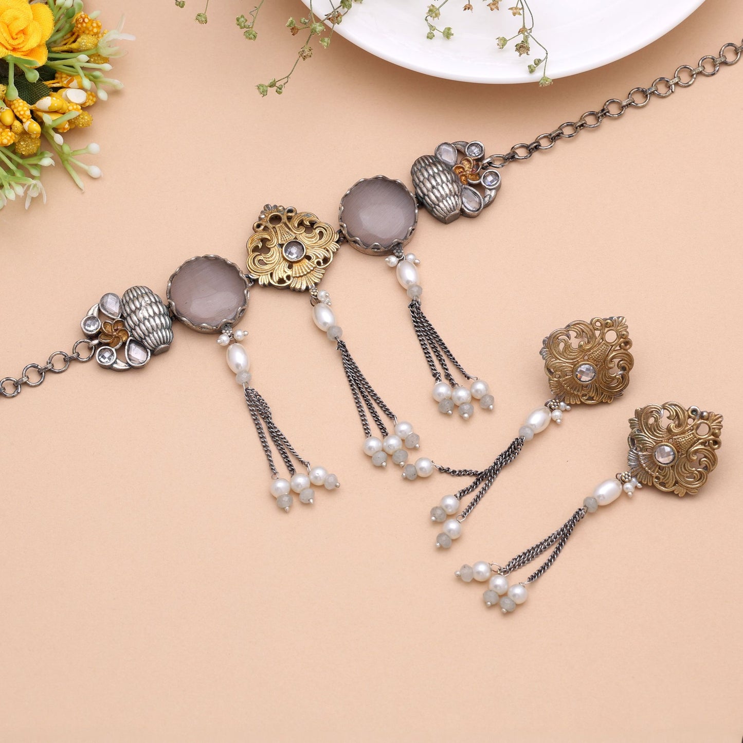 Grey Color Dual Tone Oxidised Necklace Set Featuring Elegant Ethnic Jewelry Design