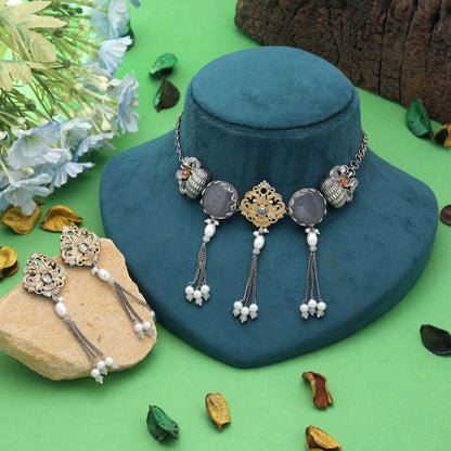 Grey Color Dual Tone Oxidised Necklace Set Featuring Elegant Ethnic Jewelry Design
