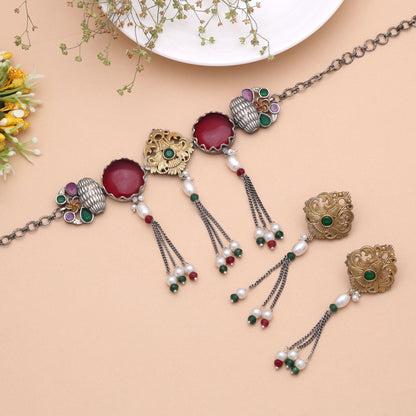 Maroon Color Dual Tone Oxidised Necklace Set with Beautiful Handmade Fashion Style