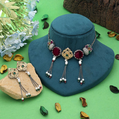 Maroon Color Dual Tone Oxidised Necklace Set with Beautiful Handmade Fashion Style