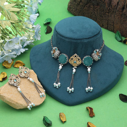 Sea Green Color Dual Tone Oxidised Necklace Set with Elegant Designer Style